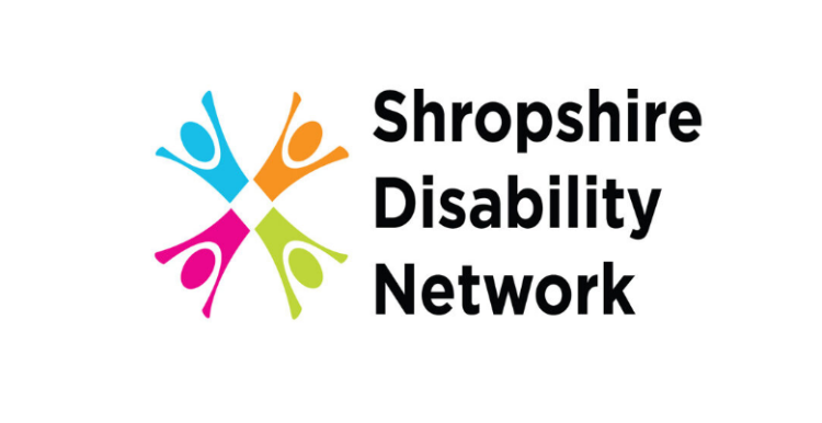 Shropshire Disability Network's logo, showing four coloured stickmen in a circle with their arms outstretched like a cross