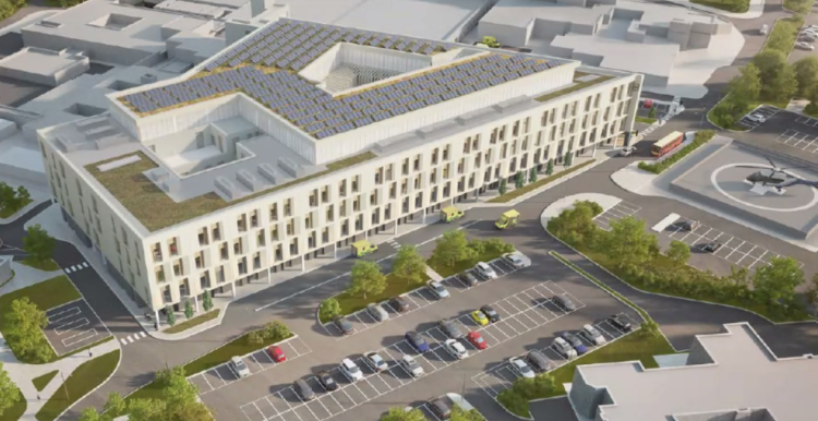 An artist's impression of the proposed plan for Royal Shrewsbury Hospital, showing a cleaner look and additional structures