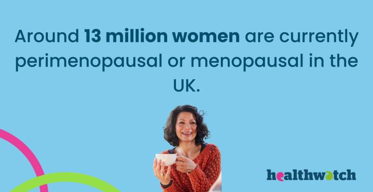 An image of a woman holding a cup of coffee, with the text "Around 13 million women are currently perimenopausal or menopausal in the UK."