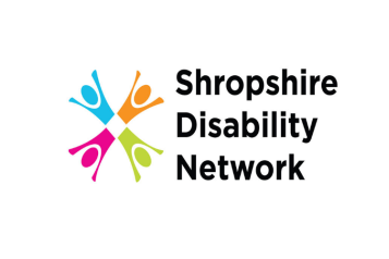 Shropshire Disability Network's logo, showing four coloured stickmen in a circle with their arms outstretched like a cross